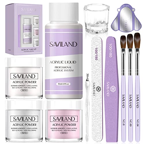 Saviland Acrylic Nail Kit: All-in-One Beginner Nail Kit 15g Clear/White/Pink Acrylic Powder and Liquid Set with Acrylic Nail Brush Nail Forms Glass Dappen Dish, Easy to Use Nails Kit Acrylic Set