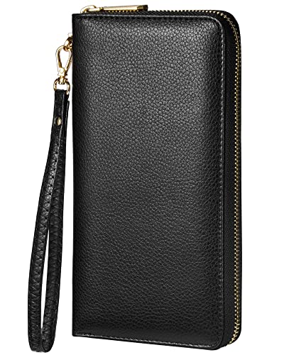 Chelmon Womens Wallet Leather RFID Blocking Purse Credit Card Clutch(01 Genuine leather black)