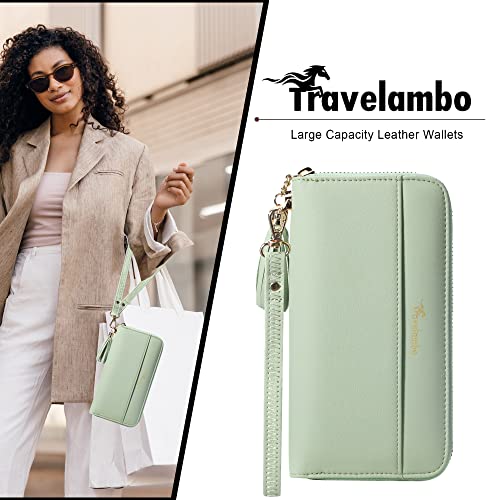 Travelambo Womens Wallet Tassel Bifold Ladies Cluth Wristlet Wrist strap Long Purse (Access Green Blooming)