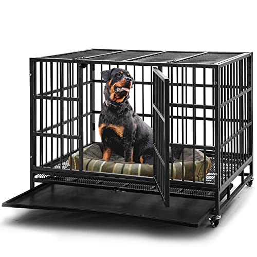 48 inch Heavy Duty Indestructible Dog Crate Steel Escape Proof, Indoor Double Door High Anxiety Cage, Kennel with Wheels, Removable Tray, Extra Large XL XXL