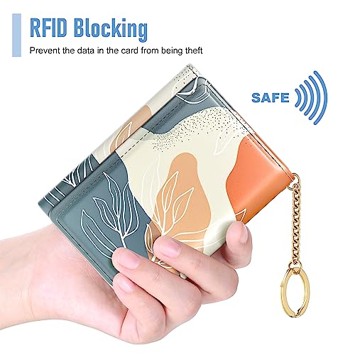 Rouidr Womens Wallet, Small Slim RFID Card Wallets for Women, Trifold Leather Card Wallet Organizer, Cute Front Pocket Wallets with 7 Card Slots & ID Window(Abstract Boho Leaves)