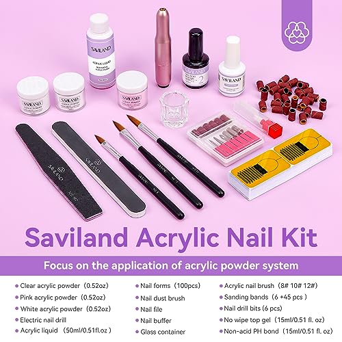 Saviland Acrylic Nail Kit with Drill, 15g Clear/White/Pink Acrylic Powder and Liquid Set with Nail Drill Acrylic Nail Brush Nail Forms Dappen Dish, Easy to Use Acrylic Nail Supplies for Beginners