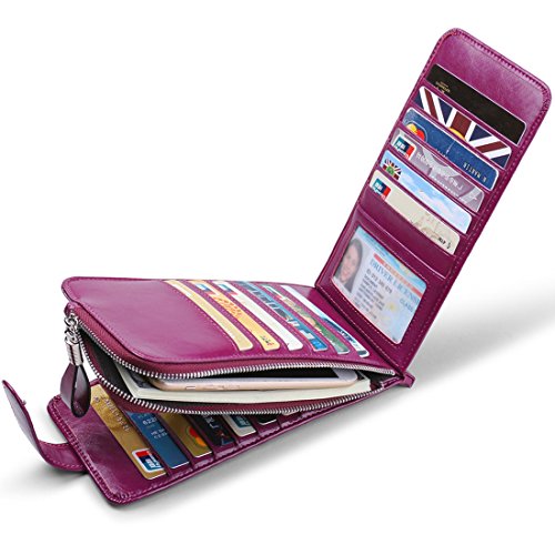 Huztencor Wallet for Women RFID Blocking Leather Credit Card Holder Card Wallet Card Cases Slim Multi Card Organizer Protector Long Wallet Purse Clutch with ID Window Oil Wax Leather Purple