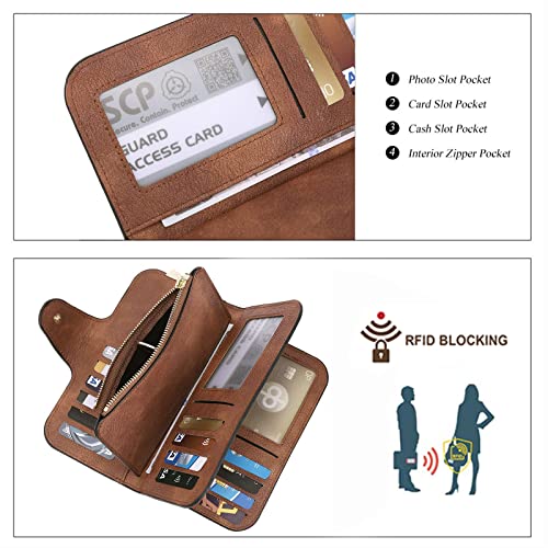 CLUCI Women Wallet Leather RFID Blocking Designer Trifold Card Holder Ladies Clutch with ID Window Brown