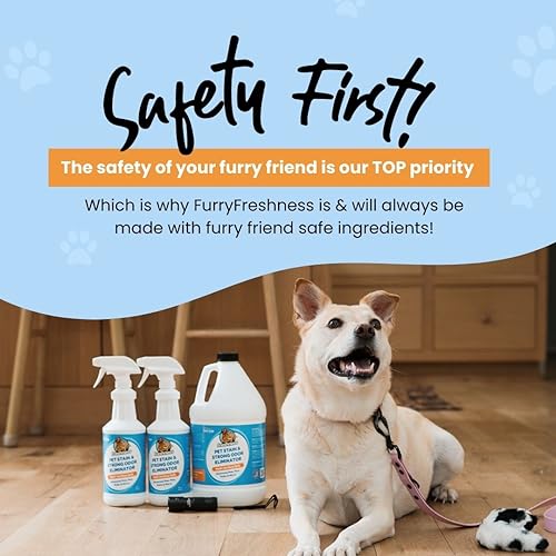 FurryFreshness Extra Strength Cat or Dog Pee Stain & Permanent Odor Remover + Smell Eliminator -Removes Stains from Pets & Kids Including Urine or Blood- Lifts Old Carpet Stains- 32oz Spray