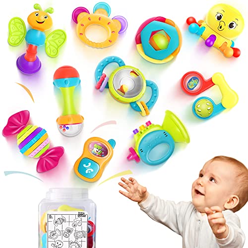 iPlay, iLearn 10pcs Baby Rattles Toys Set, Infant Grab N Shake Rattle, Sensory Teether, Development Learning Music Toy, Newborn First Birthday Gifts for 0 1 2 3 4 5 6 7 8 9 10 12 Month Babies Boy Girl