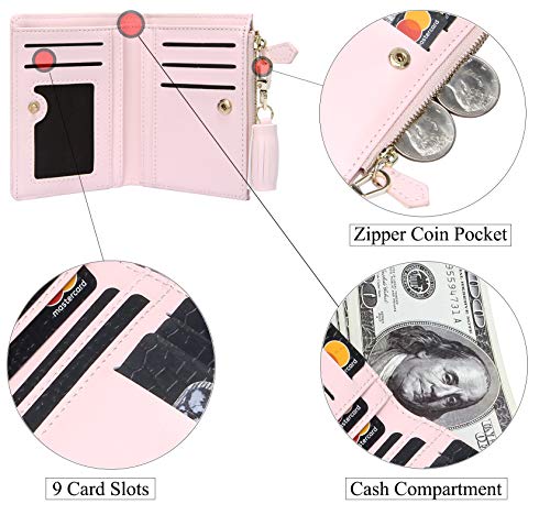 GEEAD Small Wallets for Women Bifold Slim Coin Purse Zipper ID Card Holder PU Leather Pink