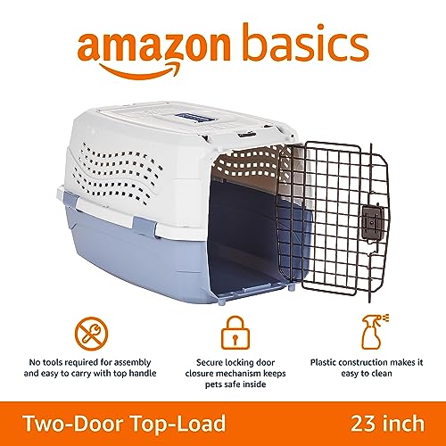 Amazon Basics - 2-Door Top-Load Hard-Sided Dogs, Cats Pet Travel Carrier, 23-Inch, Gray & Blue