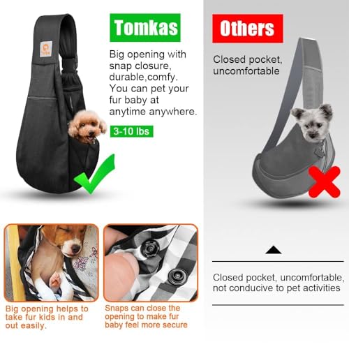 TOMKAS Small Dog Sling Carrier - Adjust. Strap & Zip Pocket - Suitable for Puppies (Black)