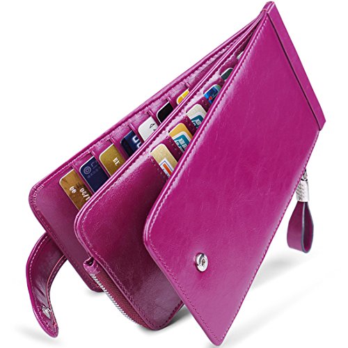 Huztencor Wallet for Women RFID Blocking Leather Credit Card Holder Card Wallet Card Cases Slim Multi Card Organizer Protector Long Wallet Purse Clutch with ID Window Oil Wax Leather Purple