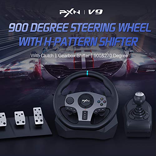 PXN PC Steering Wheel, V9 Universal Usb Car Sim 270/900 Degree Race Steering Wheel with 3-Pedals and Shifter Bundle for PC, Xbox One, Xbox Series X/S, PS4, PS3, Switch (Black)