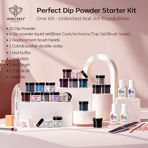 Modelones 32 Pcs Dip Powder Nail Kit Starter, 20 Colors Nude Pink Gray Dipping Powder Liquid Set Base&Top Activator for French Nail Art Salon DIY Kit