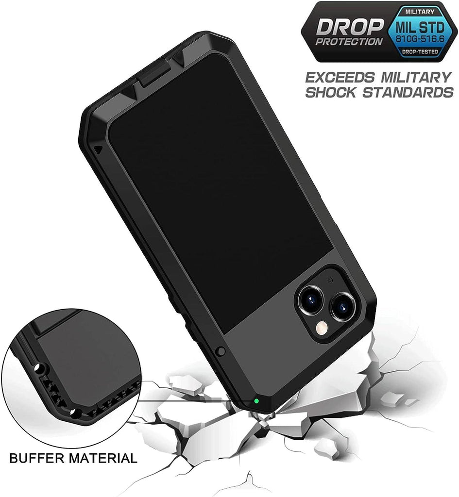 iPhone 13 Metal Case - Heavy Duty Shockproof Tough Rugged Case with Built-in Glass Screen Protector - 360 Full Body Protective Cover for iPhone 13 6.1 inch - Black - Better Savings Group