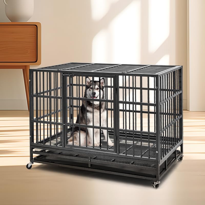 48 inch Heavy Duty Indestructible Dog Crate Steel Escape Proof, Indoor Double Door High Anxiety Cage, Kennel with Wheels, Removable Tray, Extra Large XL XXL