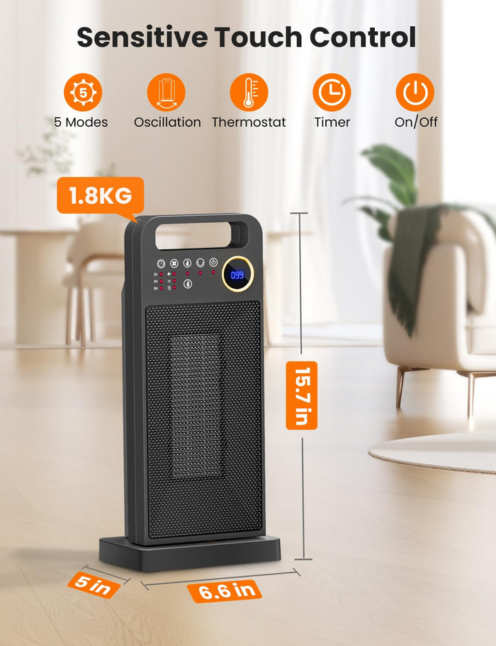 Space Heaters for Indoor Use, Merloly Portable Heater 1500W PTC Ceramic Heater with Thermostat, 80° Oscillating, 5 Modes, 12H Timer, Safety Protection, Electric Heater for Indoor Use, Bedroom, Office