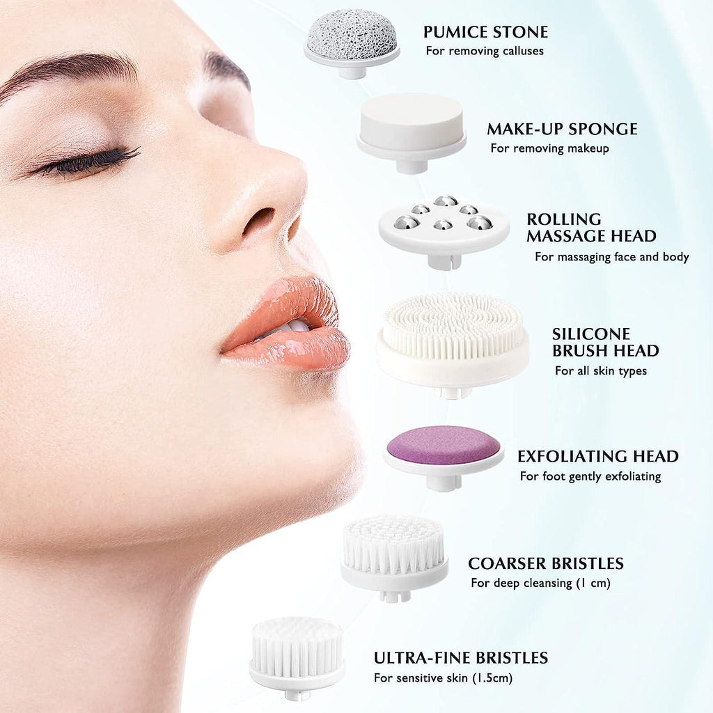 Pearl Pink Facial Cleansing Brush Face Scrubber - 7in1 JBK-D Electric Exfoliating Spin Cleanser Device Waterproof Deep Cleaning Exfoliation Rotating Spa Machine - Better Savings Group