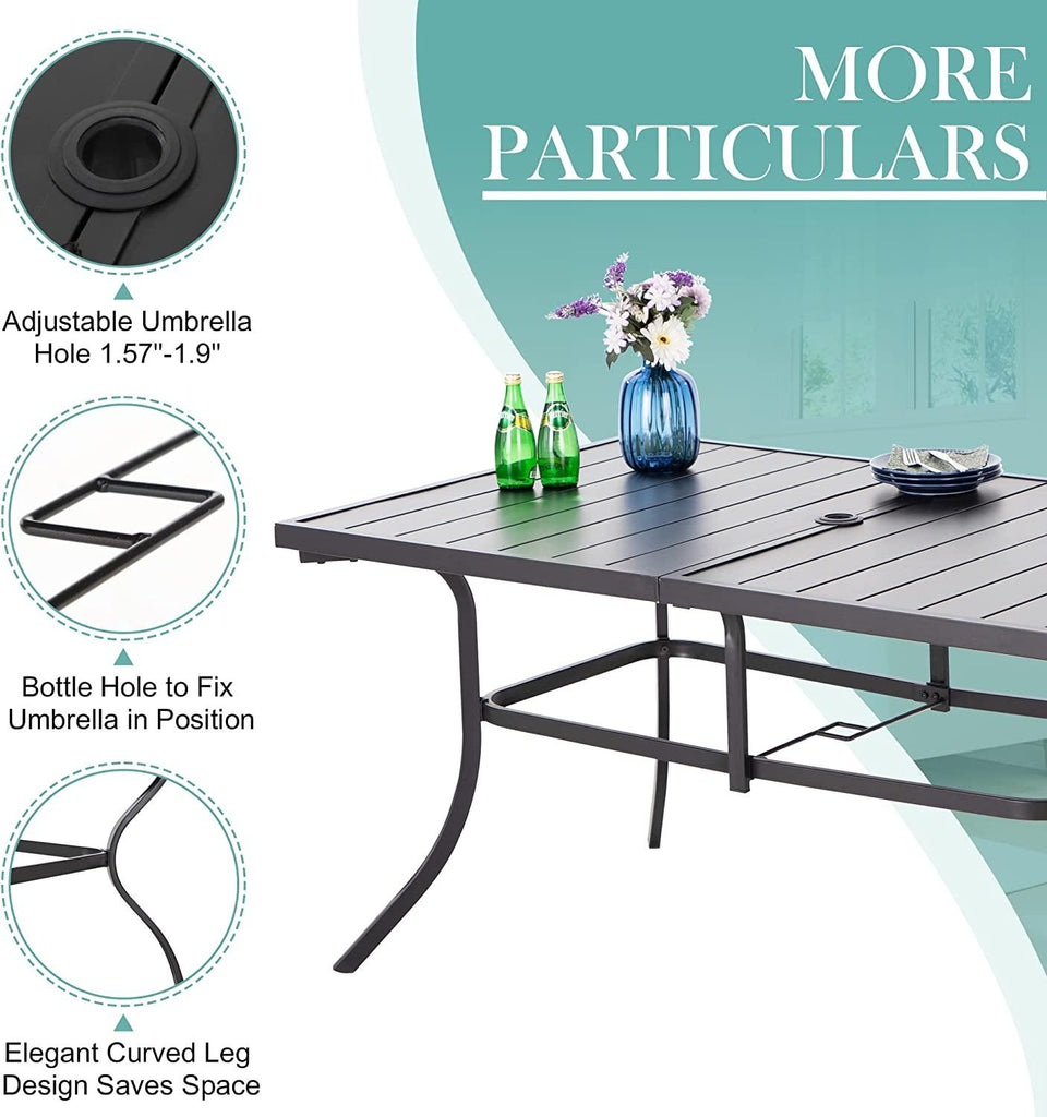 6-Person Outdoor Metal Steel Slat Dining Rectangle Table with Adjustable Umbrella Hole, Black - Better Savings Group