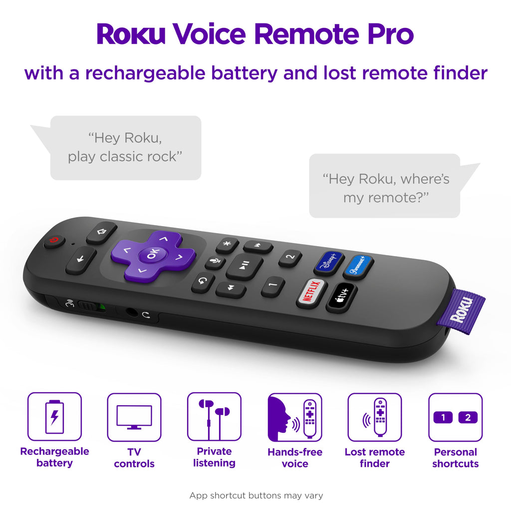 Roku Voice Remote Pro with TV controls | Rechargeable , lost remote finder, private listening , and shortcut buttons for Roku Players, TV, & Streambars