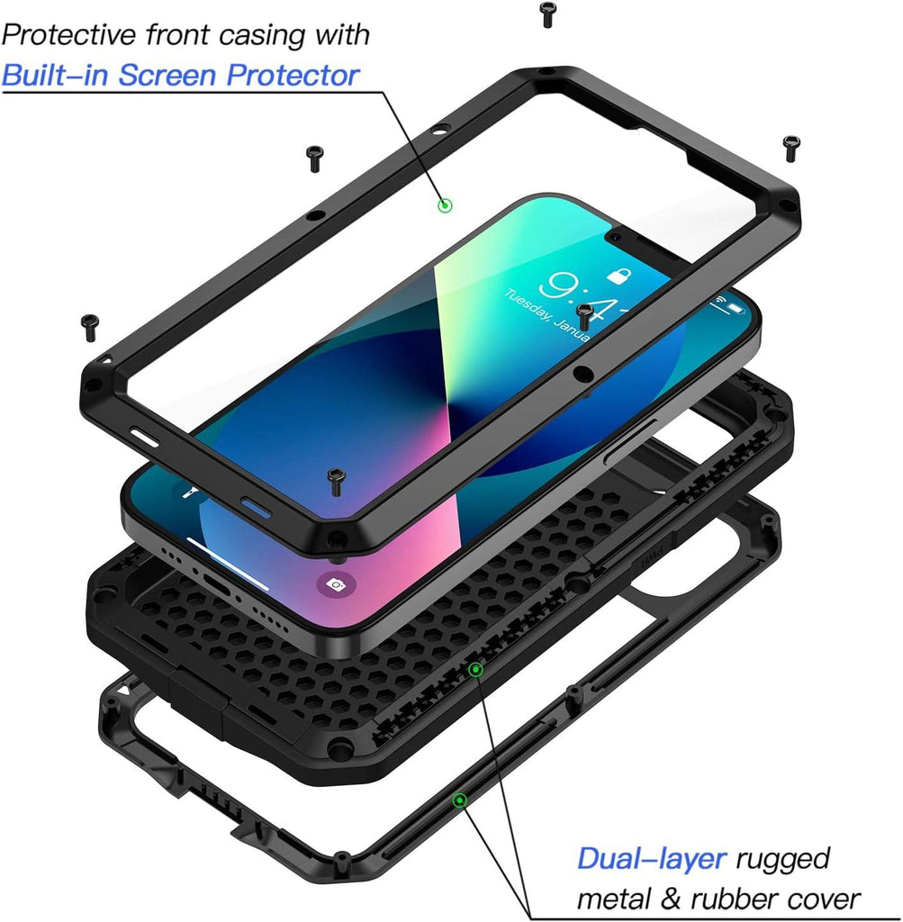 iPhone 13 Metal Case - Heavy Duty Shockproof Tough Rugged Case with Built-in Glass Screen Protector - 360 Full Body Protective Cover for iPhone 13 6.1 inch - Black - Better Savings Group