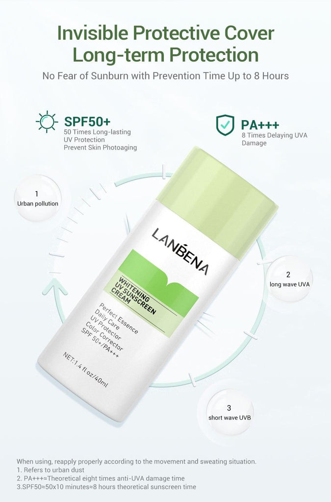 LANBENA | Green Whitening Uv Sunscreen Cream SPF50+++ Brighten Moisturizing Skin Face Sunblock Sun Protect Solar Daily Care 40ml - Better Savings Group